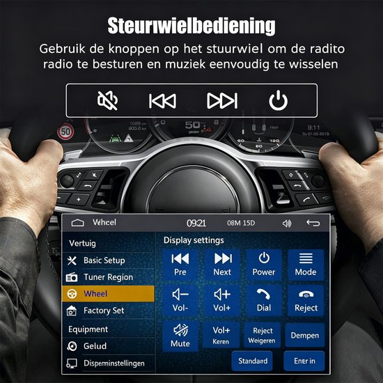 ESSGOO autoradio met stuurwielbediening. Toont een persoon die het stuurwiel bedient, met instellingen op het scherm.