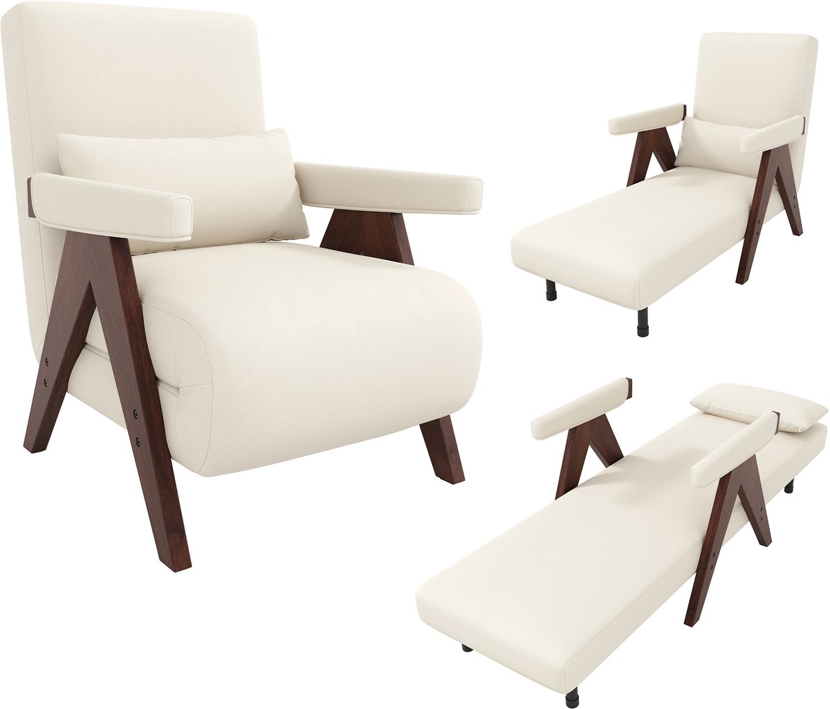 3-in-1 slaapstoel met linnen bekleding - converteerbare fauteuil, loungebank en bed - 1 persoon - 6 standen rugleuning tot 180° - massief houten armleuningen en poten - draagvermogen 80 kg