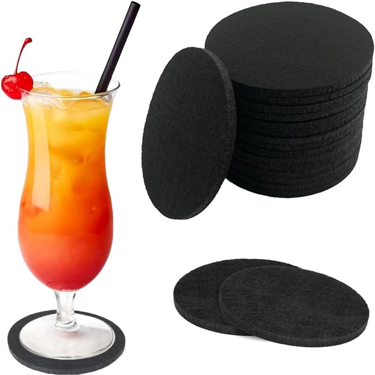 Set van 16 vilten ronde onderzetters - Hittebestendig en wasbaar - Antislip - Voor kopjes - Bier bar - Tafel - Zwart — cadeau in Wonen & Interieur - foto 8