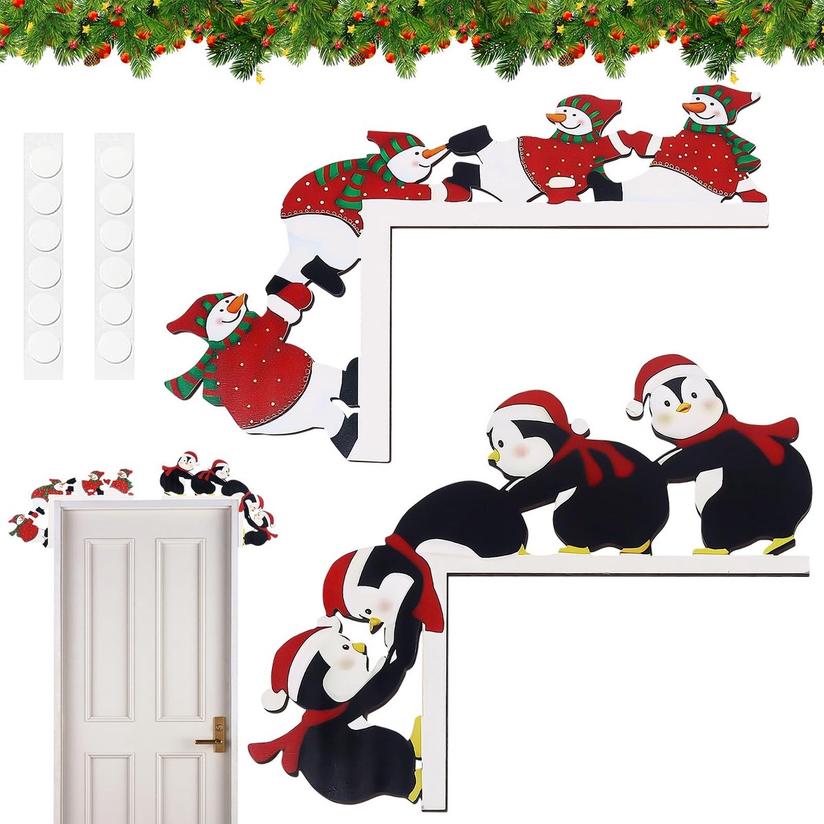 Dailygoods- Deurkozijnen 2 Stuks - Deurdecoratie - Kerstdecoratie - Deurversiering - Pinguïns/Sneeuwpoppen - Houten Deurkozijnen