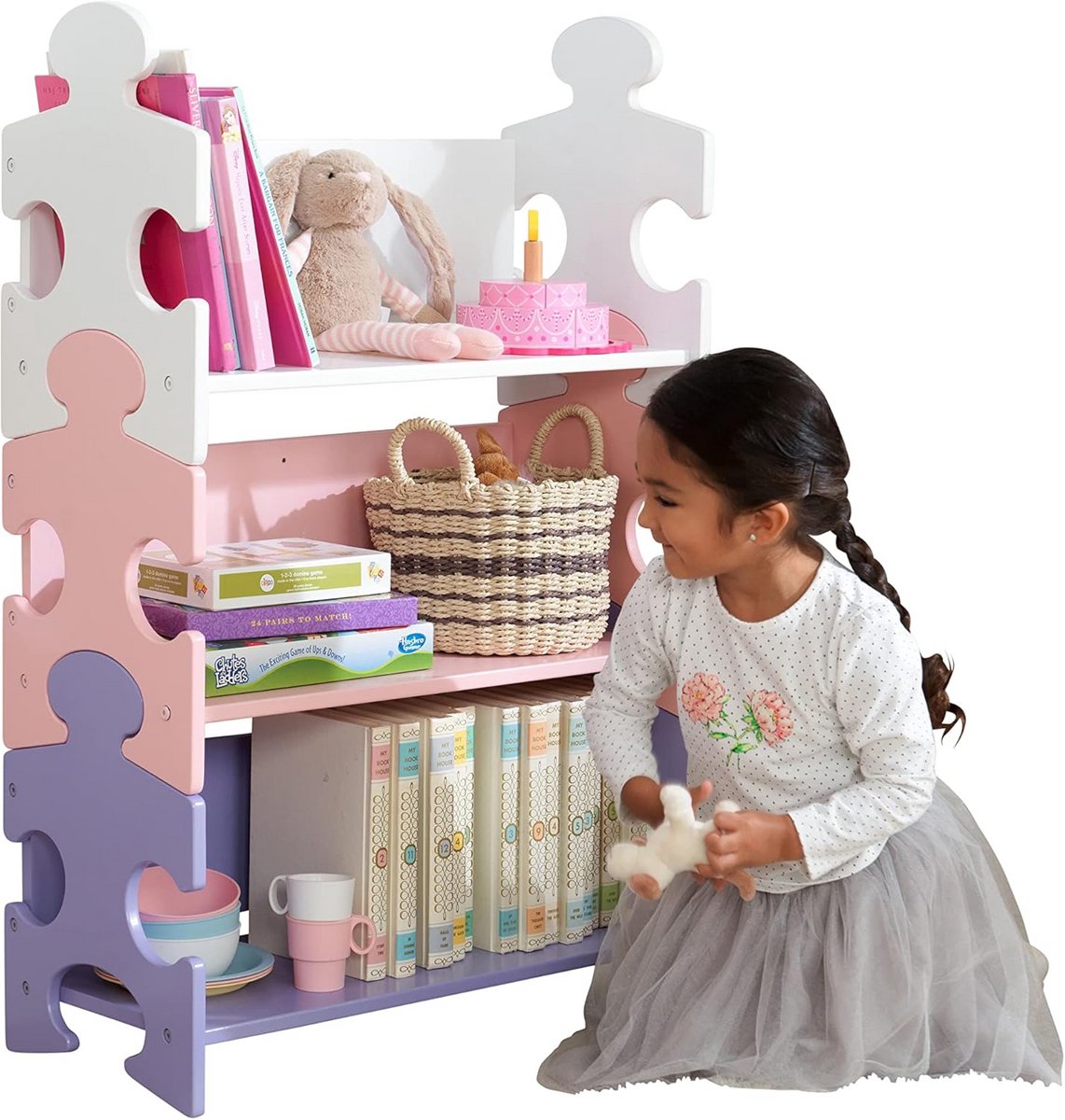 Houten Puzzle-boekenkast - Opbergkast Kinderkamer - Boeken Opbergen - Puzzelstuk Vorm - 97 cm Hoog - Pastelkleuren