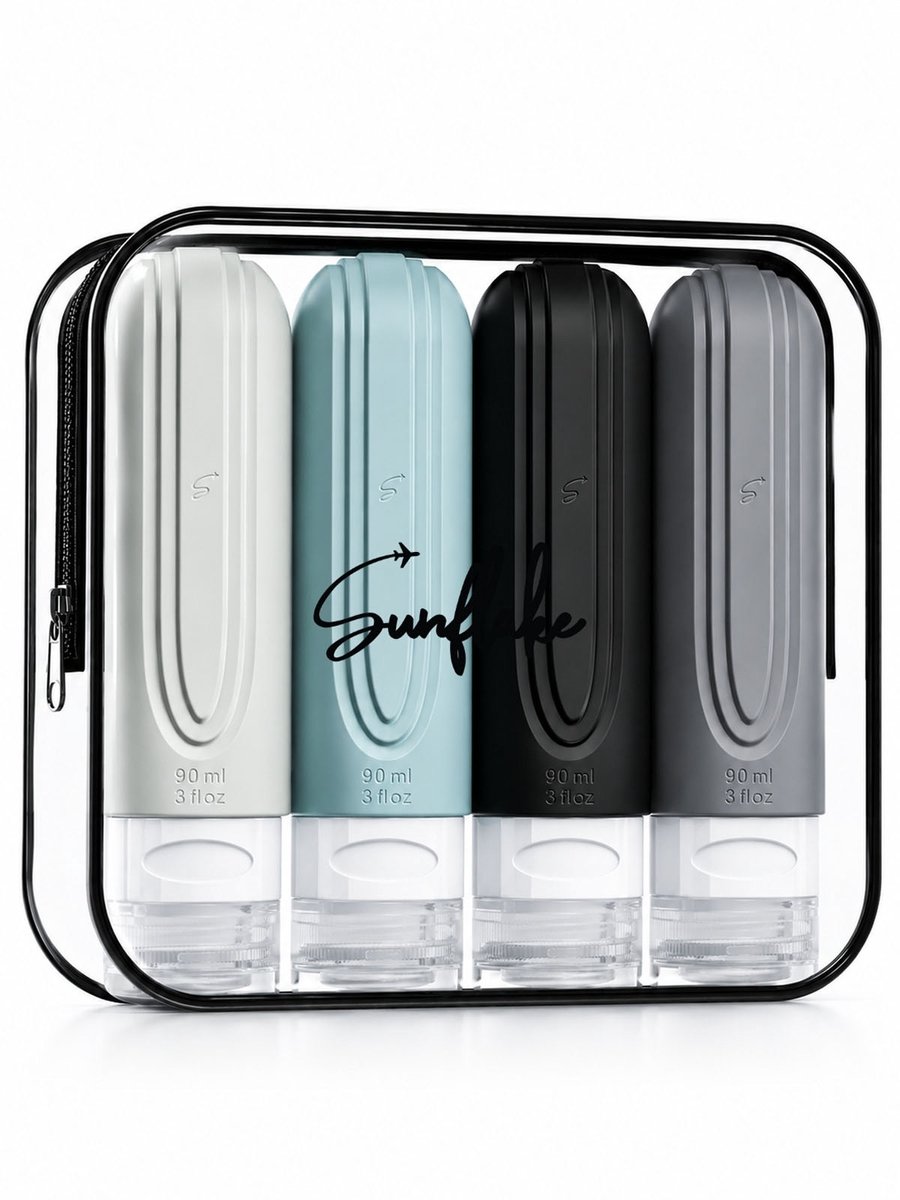 Reisflesjes Set 4x 90ml Navulbaar - Siliconen & Lekvrij – Handbagage Vliegtuig (100ml formaat) - Sunflake