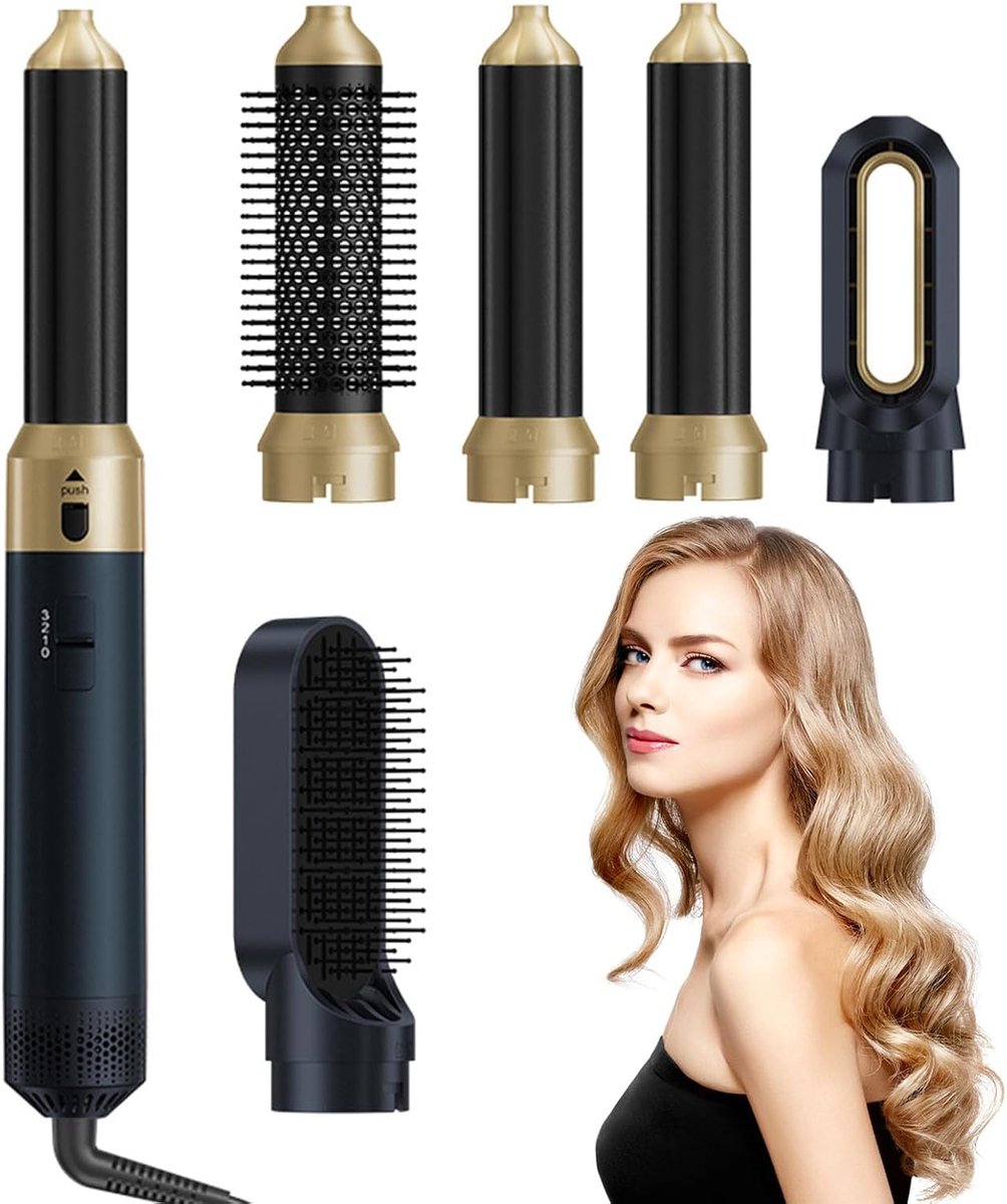 Luchtstyler 5-in-1 haarborstel, multifunctionele verwarmingsborstel, haarstyler, 3 temperaturen, met 5 accessoires, haardroger om te drogen, styling, volume, blauw