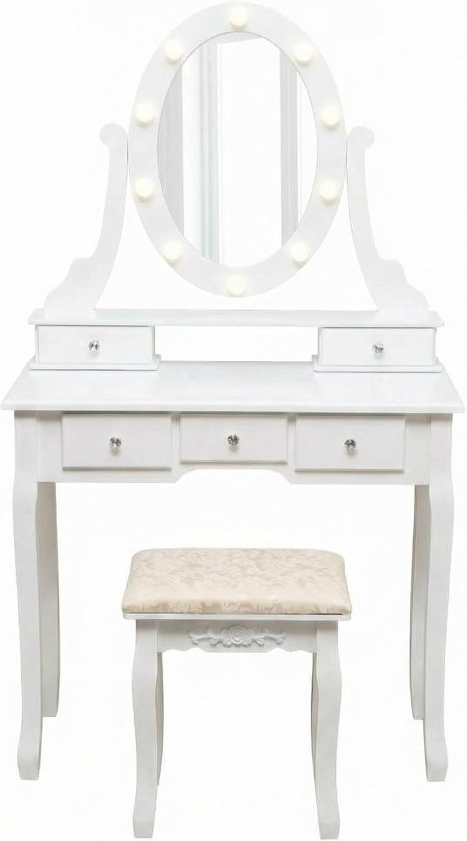 Houten kaptafel - Verlichte ovale spiegel - 5 grote lades - 3 verlichtingsstanden - Inclusief krukje - Kaptafel voor meisjes, wit