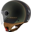 Donkergroene helm met bruine accenten, dubbele strepen, "MT HELMETS" logo en vizier.