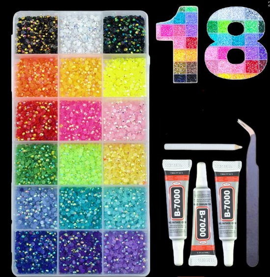 Nail Art Kit - 18 Kleuren 20000 Stuks - Met Lijm, Pincet, Wax Pen - 3 mm Veelkleurige Platte Steentjes - Strasssteentjes Set - Voor Kleding, Boeken, Schoenen, Nagels, Kunst En Make-Up