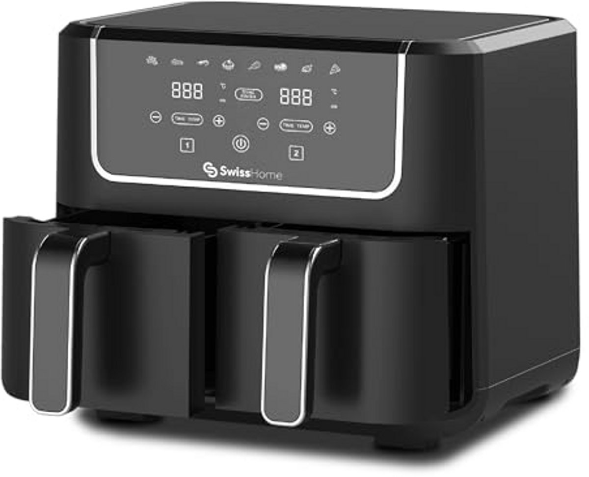 Airfryer met 2 Pannen Heteluchtfriteuse Lekker Koken 8 Programma's 6 Liter Zilver