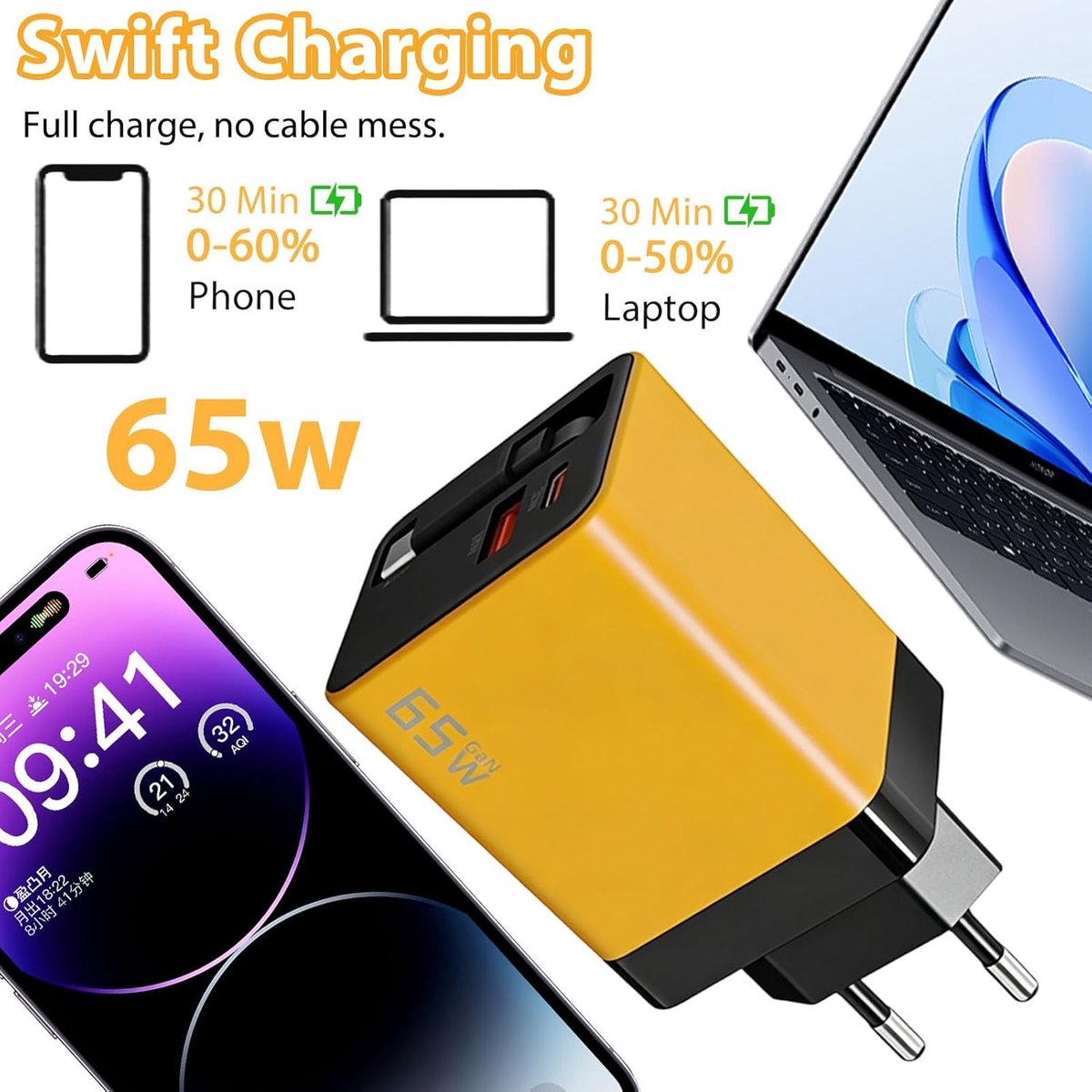 65W Snelle USB-C Oplader met Oprolbare Kabel – GaN Netadapter met 3 PD-poorten – Geschikt voor iPhone 17/16/15 Pro Max – Geschikt voor Samsung Galaxy S24/S23 – Geschikt voor MacBook – Geschikt voor iPad – Compacte Reis Muradapter — cadeau in Gadgets - foto 2