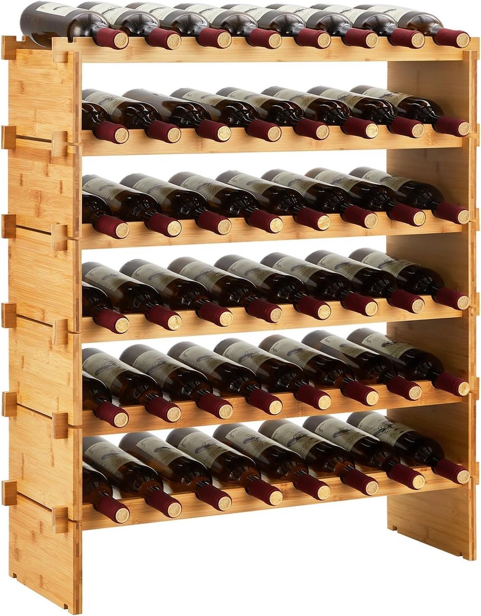 Stapelbaar wijnrek voor 48 flessen, 6 lagen massief houten opbergrek, vrijstaand op de vloer en het aanrecht, perfect voor keuken, bar en kast, anti-wiebelontwerp.