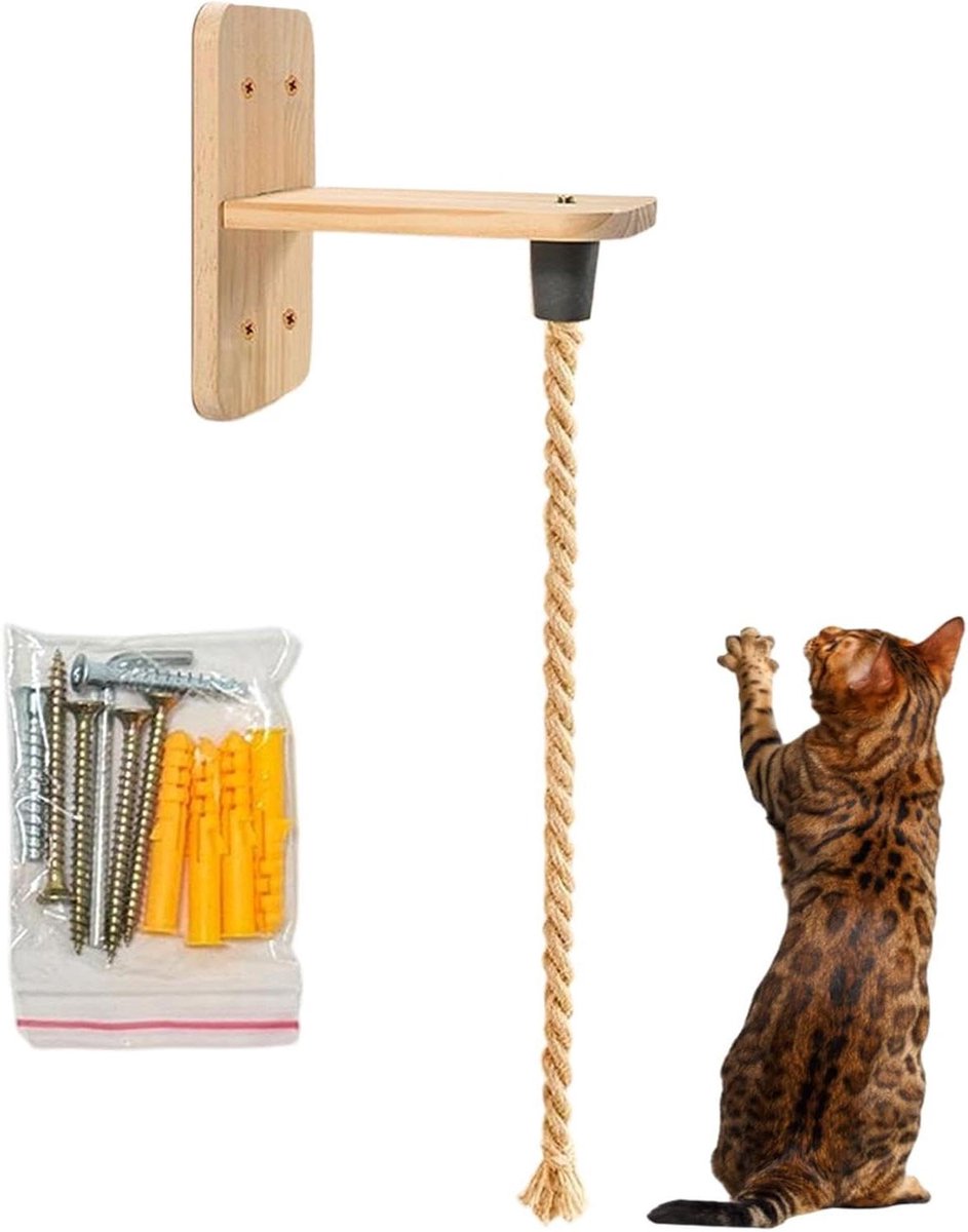 Katten Klimtouw - Wandmontage Speelgoed - Katten Actief Houden - Duurzaam Hout en Touw - 28x24x4 cm - Natuurlijk