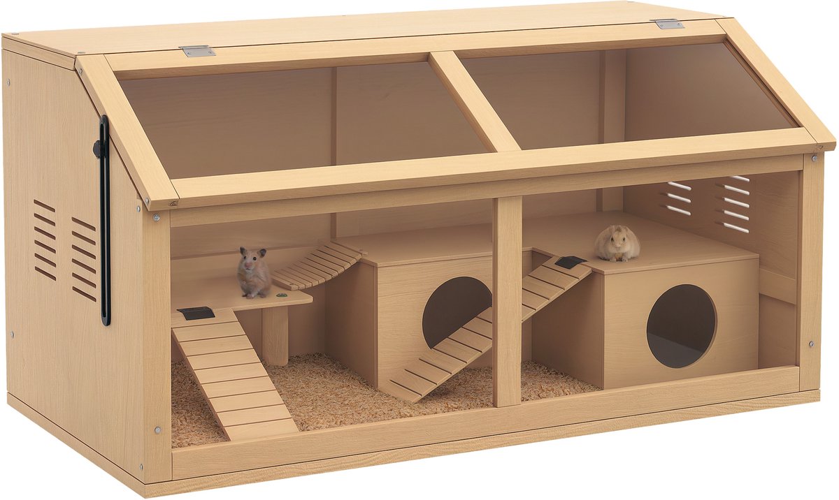 PawHut Hamsterkooi Dennenhout, Acryl 85L x 45B x 44H cm Natuurhout