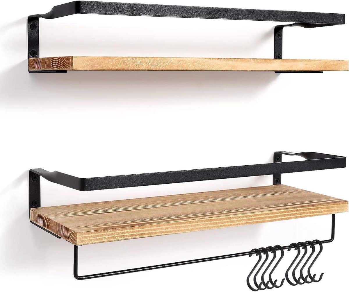 Zwevende Planken Set - Houten Wandrek - Opbergen en Decoratie - Inclusief Handdoekhouder -