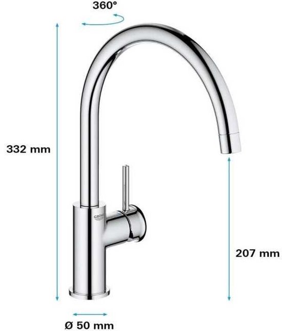 Zilverkleurige keukenkraan met gebogen uitloop, hoogte 332 mm, uitlooplengte 207 mm, diameter 50 mm.