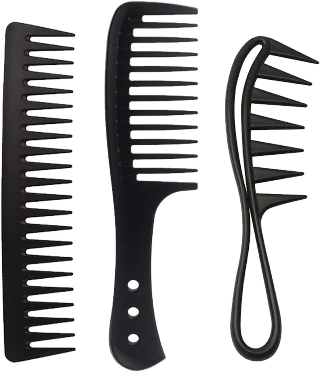 Set van 3 Brede Tanden Kam, Kapperskam, Antistatische Carbonvezel Haarcombs voor Diverse Haarsstylen Thuis en in de Salon