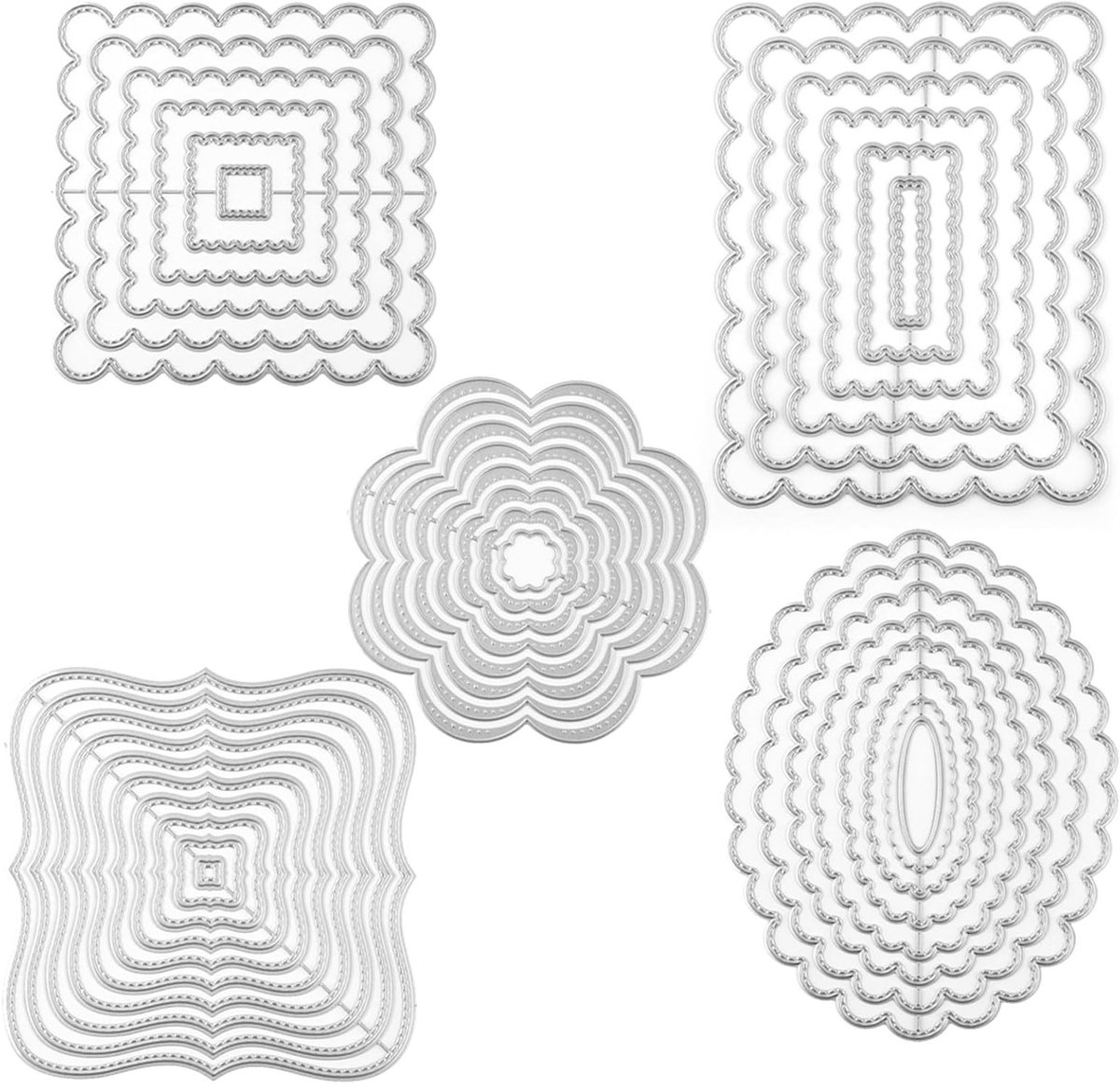 5-delige set snijmallen met scalloped randen voor kaartjes maken, DIY scrapbook en uitnodigingen, perfect voor creatief knutselen en stressverlichting