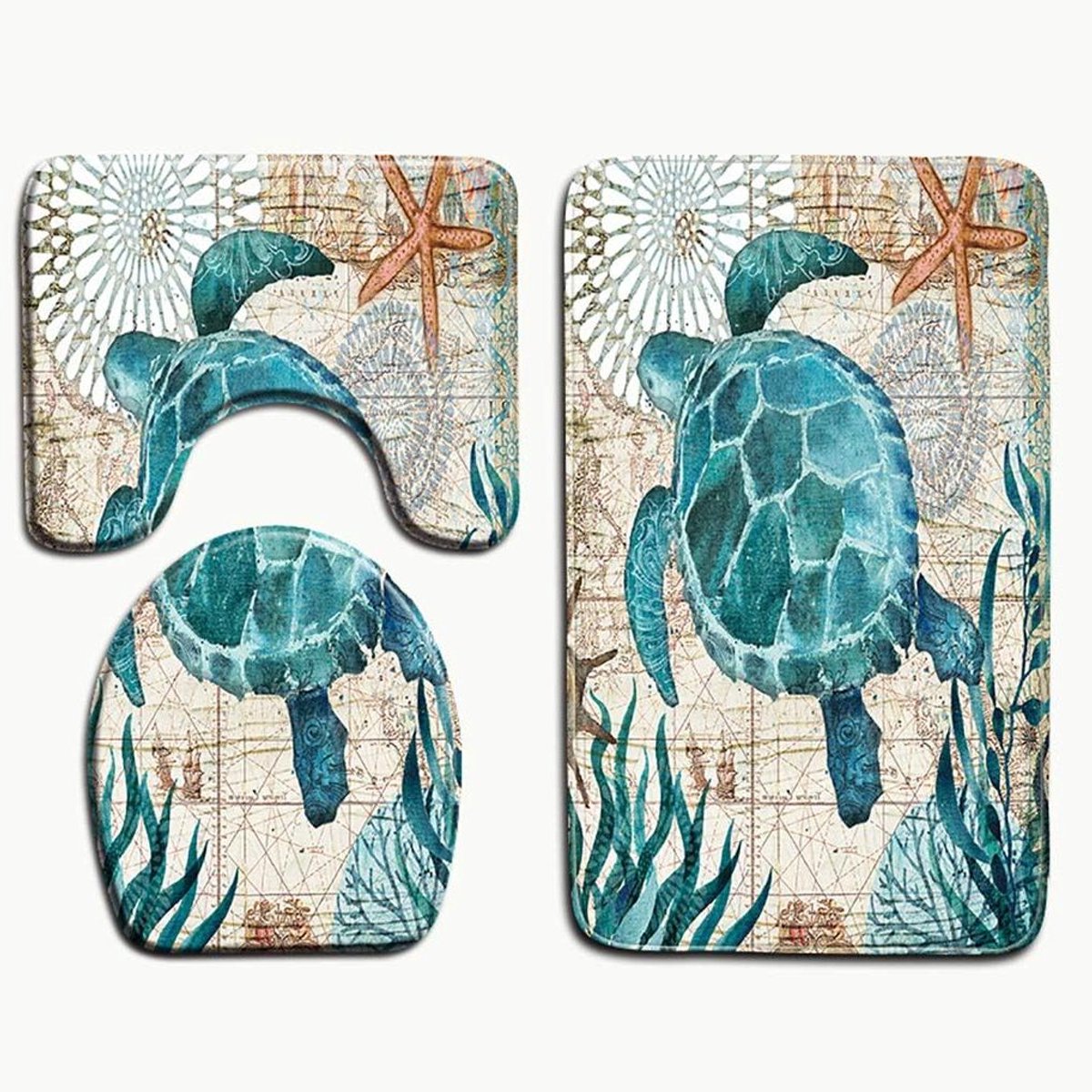 Badmat Set - Toilet Mat - Badkamer Decoratie - 3-delig - 50x80cm - Schildpad