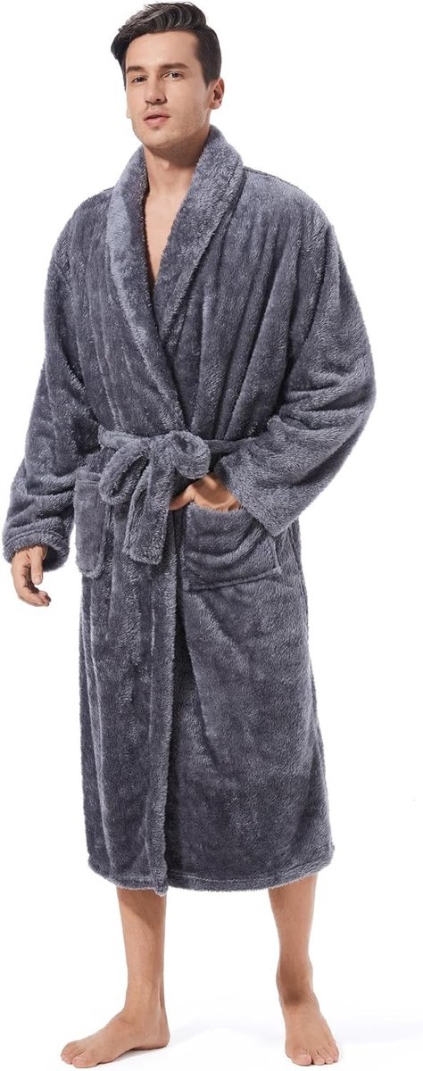 Zachte en Warme Fleece Badjas voor Mannen, Fluffy Lange Spa Badjas met Praktische Zakjes (Donkergrijs)