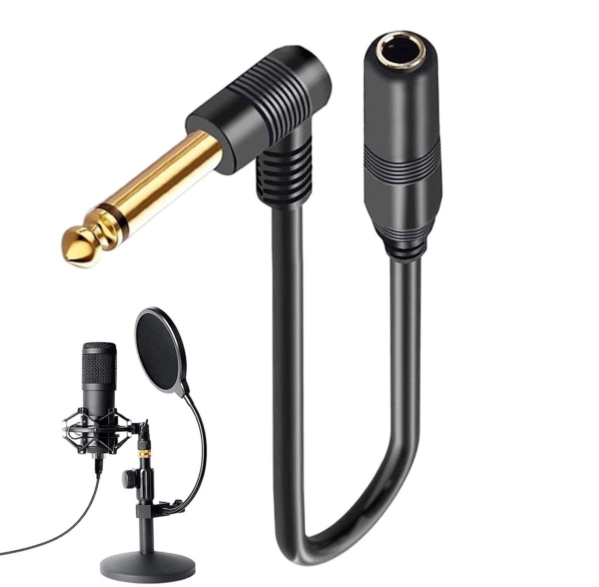 Gitaar Verlengkabel - Audio Adapter - Muziek Maken - Haakse Connector - 30 cm - Zwart