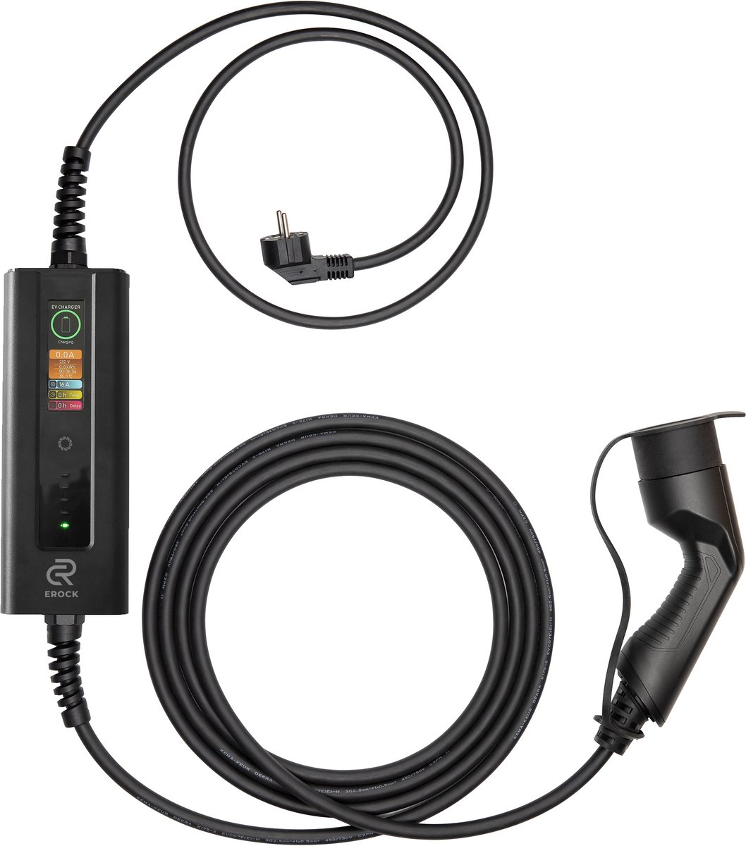 EROCK Pro Mobiele Lader Type 2 naar Schuko – 5 Laadstanden, LCD-scherm, Uitgesteld Laden en Memory functie