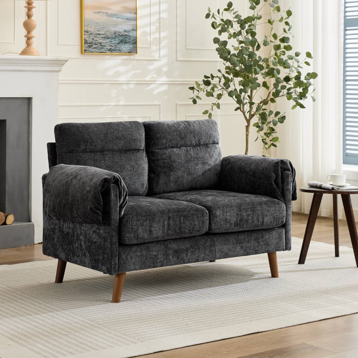 Zitbank - Chenille zitbank - Bank met armleuningen - Comfortabele compacte 2-zitsbank - 124 x 70 X 85 cmGeschikt voor Woonkamer/Kantoor/Appartement - Zwart