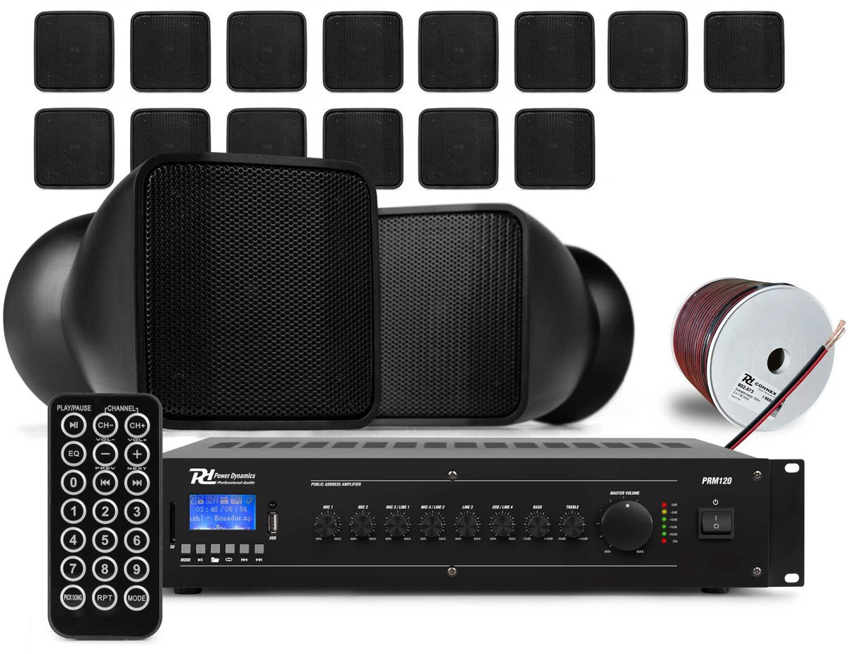 Power Dynamics complete geluidsinstallatie - 16 mini speakers voor winkel of kantoor - 100V - Zwart