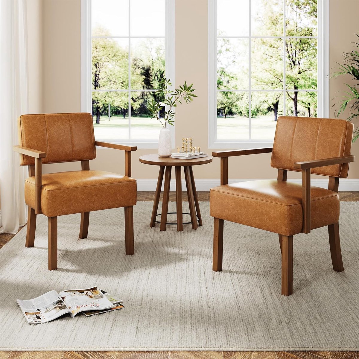 Set van 2 Moderne Mid-Century Fauteuil - Accent Stoel - Oranje Kunstleer (PU) - Houten Frame (Beukenhout) - Retro Design Lounge Chair - Belastbaar tot 150 kg