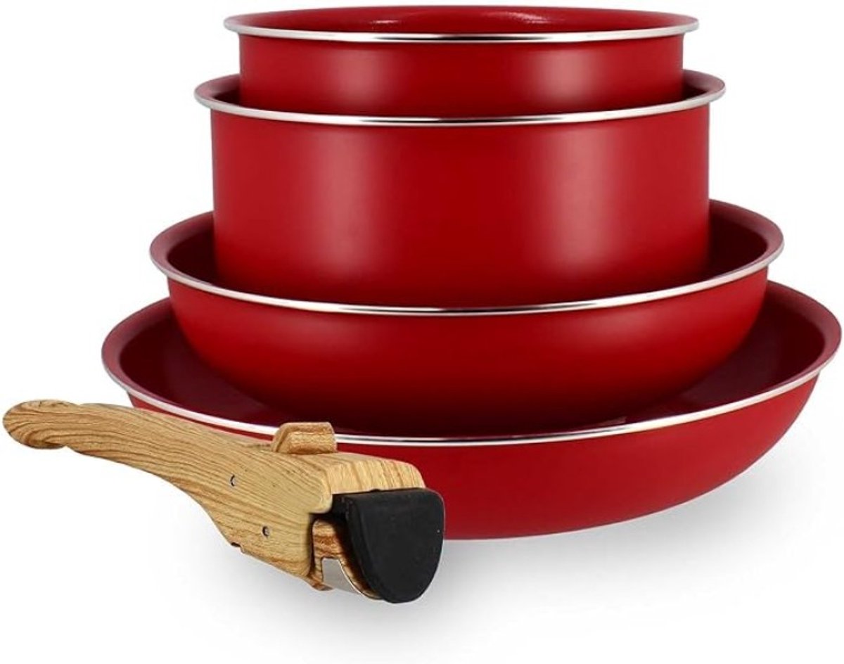 Kleuraccent pannenset - Keramische antiaanbaklaag - 4 delen met afneembaar handvat