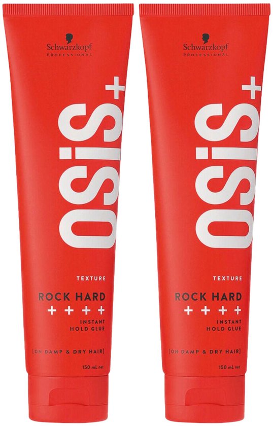 Twee rode Schwarzkopf OSIS+ Rock Hard tubes met witte tekst.