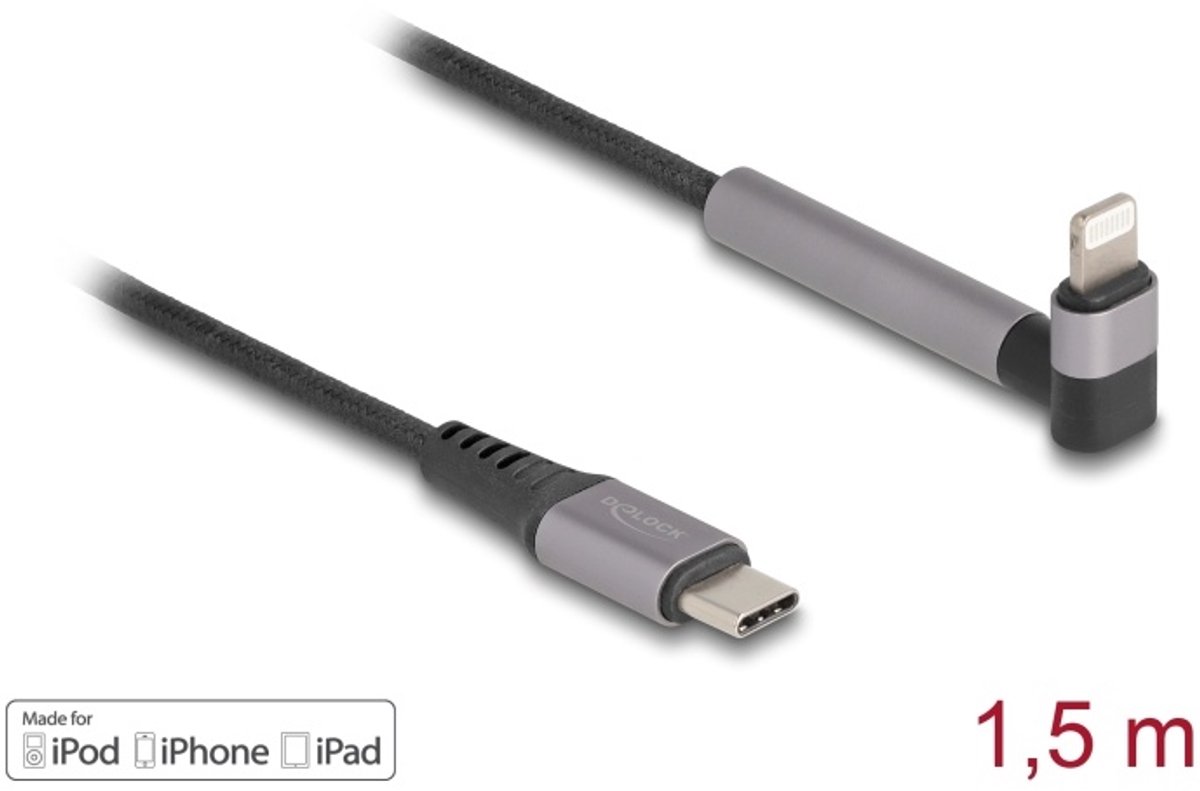 Delock Data and Charging Cable USB Type-C™ to Lightning™ for iPhone™, iPad™, iPod™ angled with stand function black 1.5 m MFi