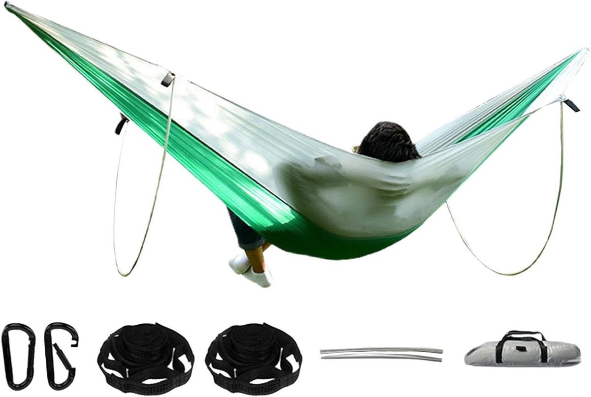 Outdoor Hangmat - Boomhangmat Kamperen - Buiten Ontspannen - Met Twee Steunstangen - 290 x 140 cm - Lichtgroen
