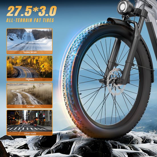 ZAZAWORK CF500 Elektrische Fiets - 250W Motor - 48V 20Ah Batterij - 27,5×3 Inch Banden - Max. Snelheid 25 km/h - Stad & Licht Offroad - Zilver — afbeelding 4