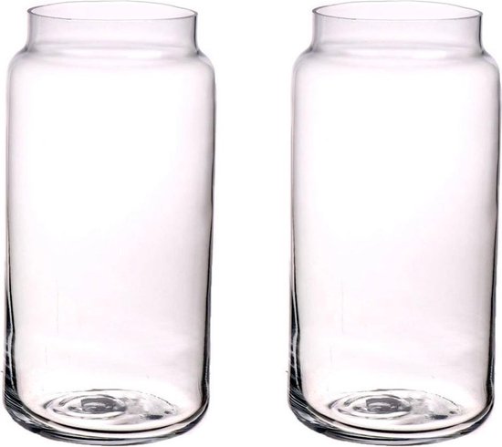 Set van 2x stuks kleine glazen cilinder bloemenvaasjes 20 x 10 cm - Transparant - Vazen/vaas - Boeketvazen