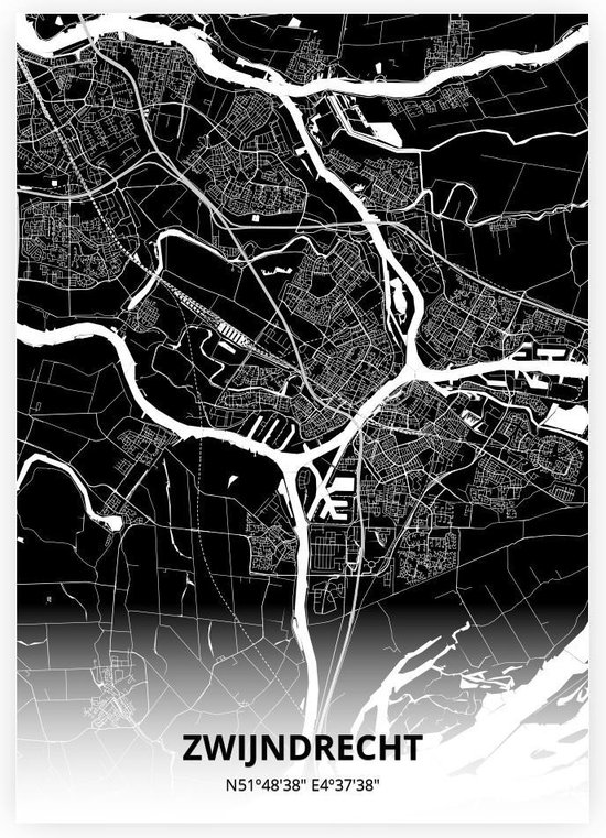 Zwijndrecht plattegrond - A3 poster - Zwarte stijl