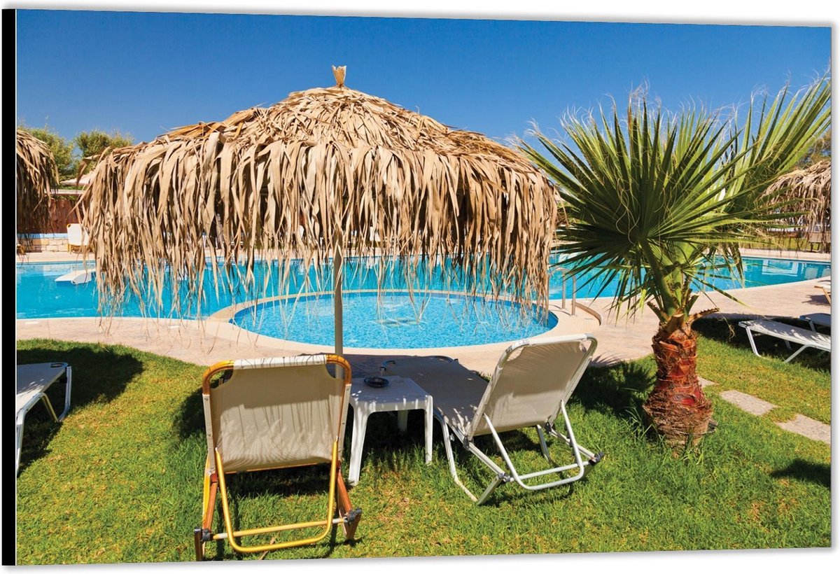 Dibond –Lig Bedden onder Parasol aan Zwembad– 60x40 Foto op Aluminium (Met Ophang)