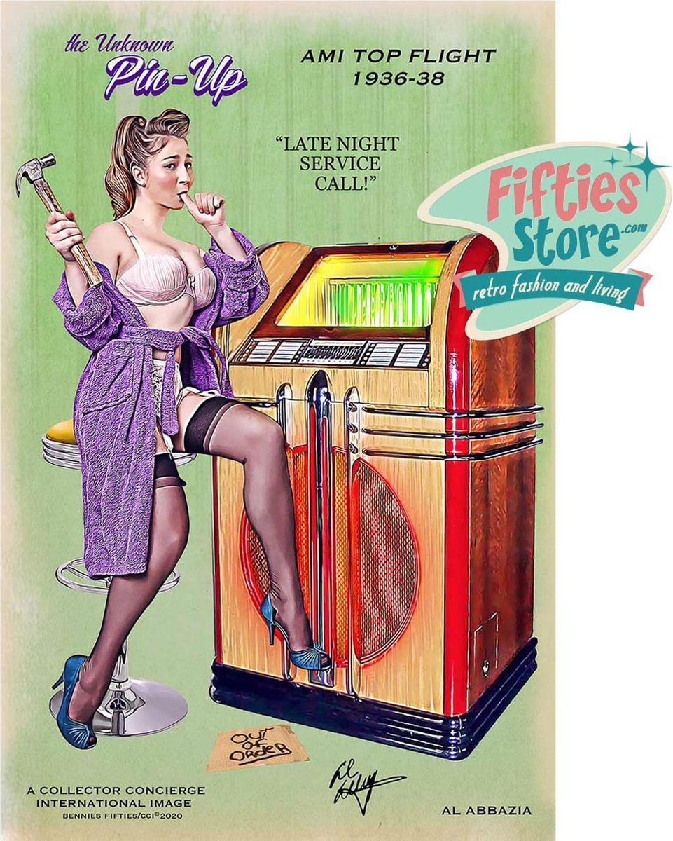 Ami Top Flight Jukebox Pin-Up 'The Unknown Pinup' Zwaar Metalen Bord 44,5 x 29 cm