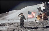 Astronaut gives salute beside U.S. flag (maanlanding) - Foto op Forex - 60 x 40 cm