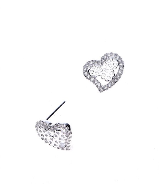 Clou d'oreille en forme de cœur plaqué rhodium avec pierres de zircone cubique