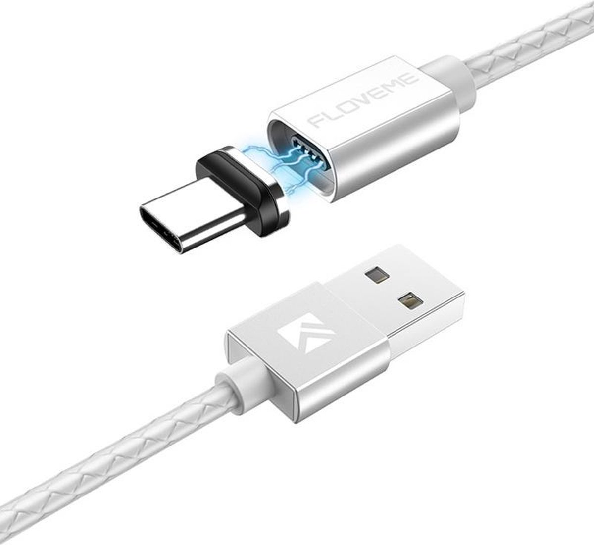 Let op type!! FLOVEME 1m 3A USB naar USB-C / Type-C Magnetic Embossed PET Fast Charging & Data Cable  For Galaxy  Huawei  Xiaomi  LG  HTC en Other Smartphones (White)