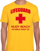 Lifeguard / strandwacht verkleed t-shirt / shirt Lifeguard Nudy Beach girls only geel voor heren - Bedrukking aan de voorkant / Reddingsbrigade shirt / Verkleedkleding / carnaval / outfit M