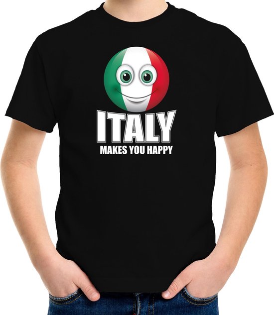 Italy makes you happy landen t-shirt Italie met emoticon - zwart - kinderen - Italie landen shirt met Italiaanse vlag - EK / WK / Olympische spelen outfit / kleding 158/164