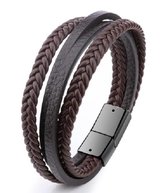 Armband - leer - 4 snoeren - donkerbruin - zwarte magnetische sluiting - heren - unisex - 21 cm - model V - Cadeau
