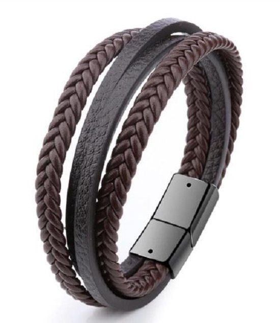 Armband - leer - 4 snoeren - donkerbruin - zwarte magnetische sluiting -  heren -... | bol.com