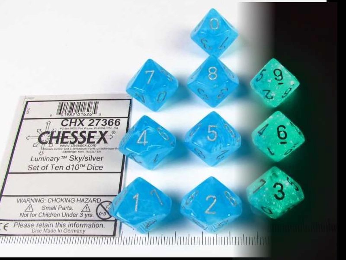 Chessex dobbelstenen set blauw zilver Luminary D10 10 stuks glow.