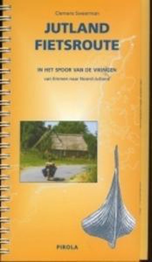 Boekomslag Jutland Fietsroute met Viking schip illustratie, fietsende persoon en landkaart.