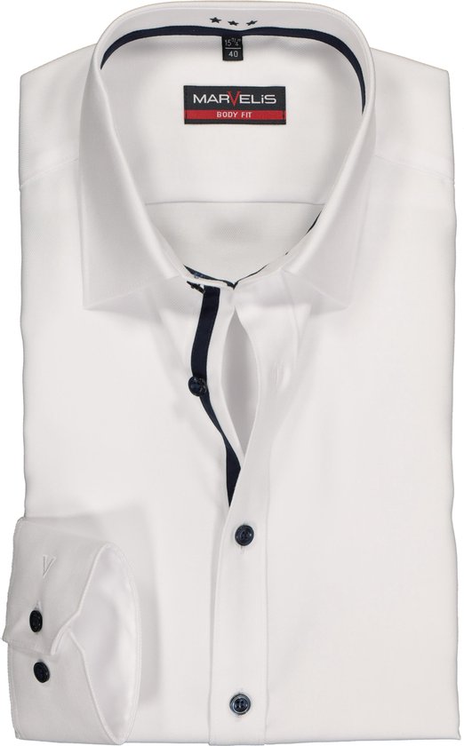MARVELIS body fit overhemd - wit twill (contrast) - Strijkvriendelijk - Boordmaat: 43