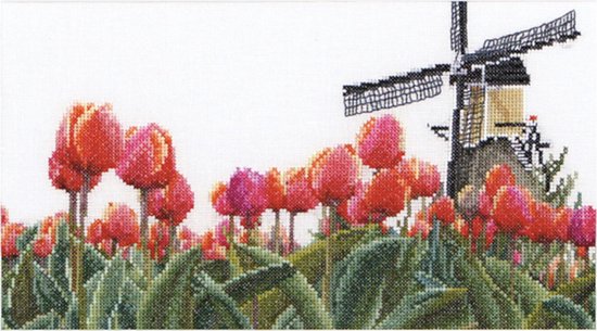 Thea Gouverneur - Borduurpakket met telpatroon - 473 - Voorgesorteerde DMC Garens - Bollenveld Tulp - Linnen - 24 cm x 14 cm - DIY Kit