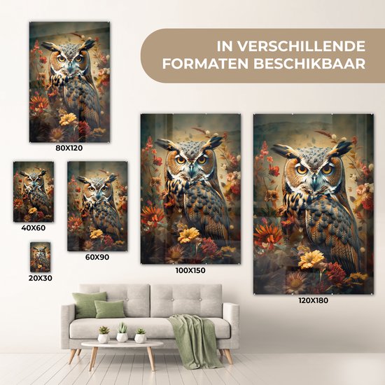 MuchoWow® Peinture sur verre 80x120 cm - Peinture sur verre acrylique - Hibou - Vogel - Fleurs - Plantes - Botanique - Photo sur verre - Peintures