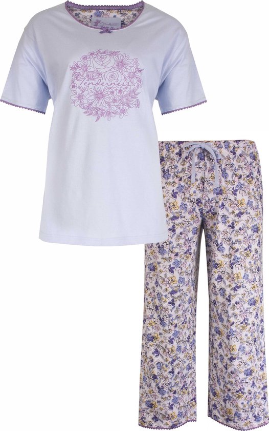 Tenderness Dames gebloemde 3/4 Shortama Pyjama Set - 100% Gekamde Katoen - Licht Blauw - Maat XXL