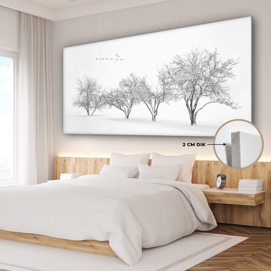 Canvas schilderij 160x80 cm - Wanddecoratie Bomen - Zwart wit - Natuur - Vogels - Muurdecoratie woonkamer - Slaapkamer decoratie - Kamer accessoires - Schilderijen op canvas
