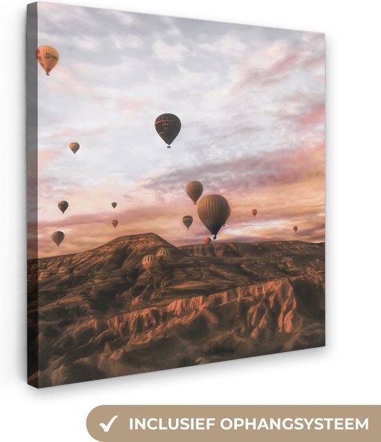 Canvas Schilderij Landschap - Luchtballon - Bergen - Bruin - 50x50 cm - Wanddecoratie